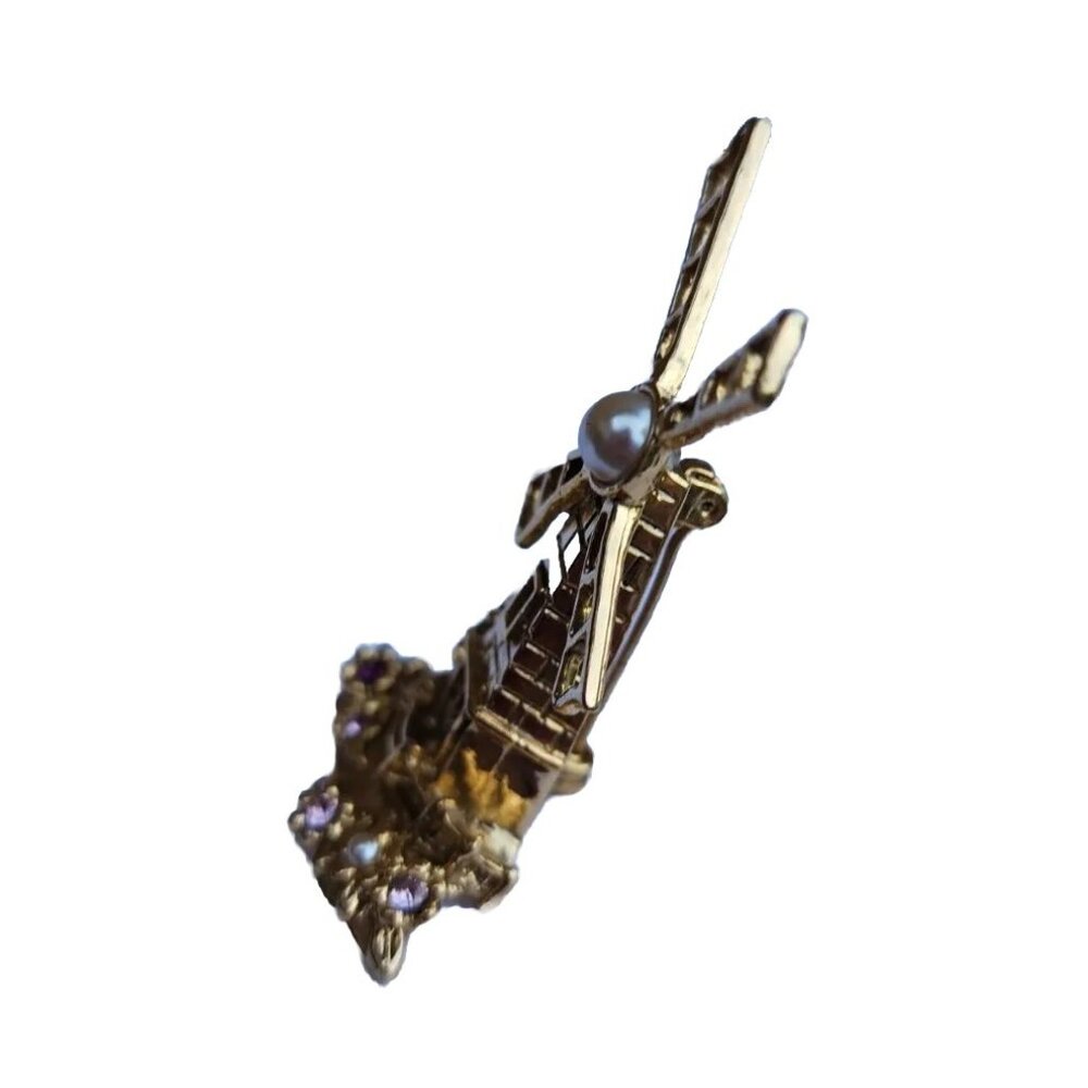 Windmill Bejeweled Faux Pearl & Lavender Rhinestones GoldTone Metal Pin Brooch - Picture 8 of 10